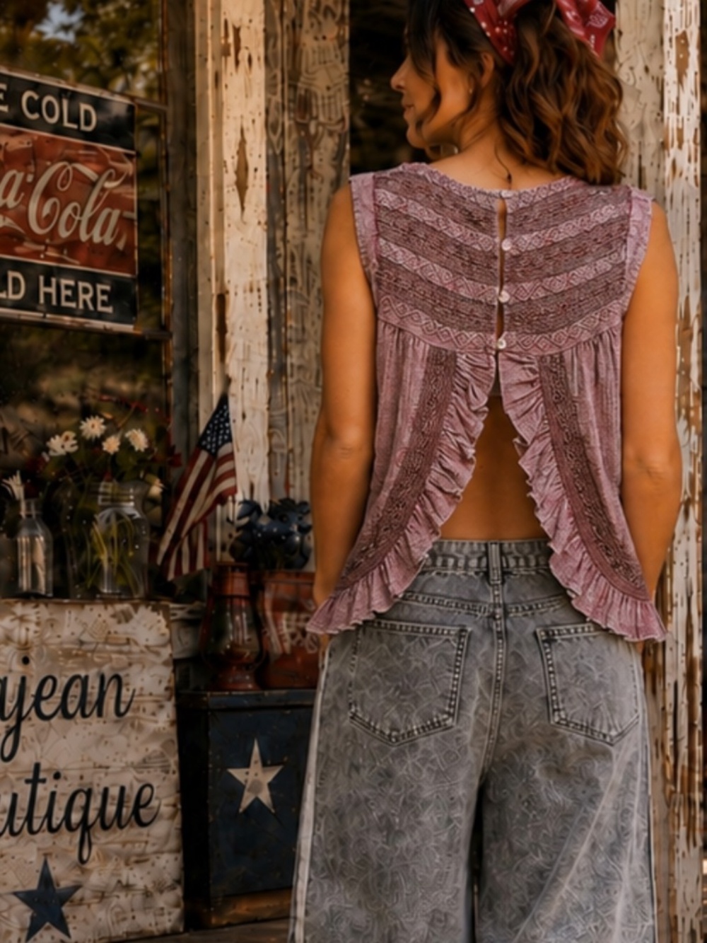 206-1360 POL Mauve Lace-Trim Sleeveless Peasant Top